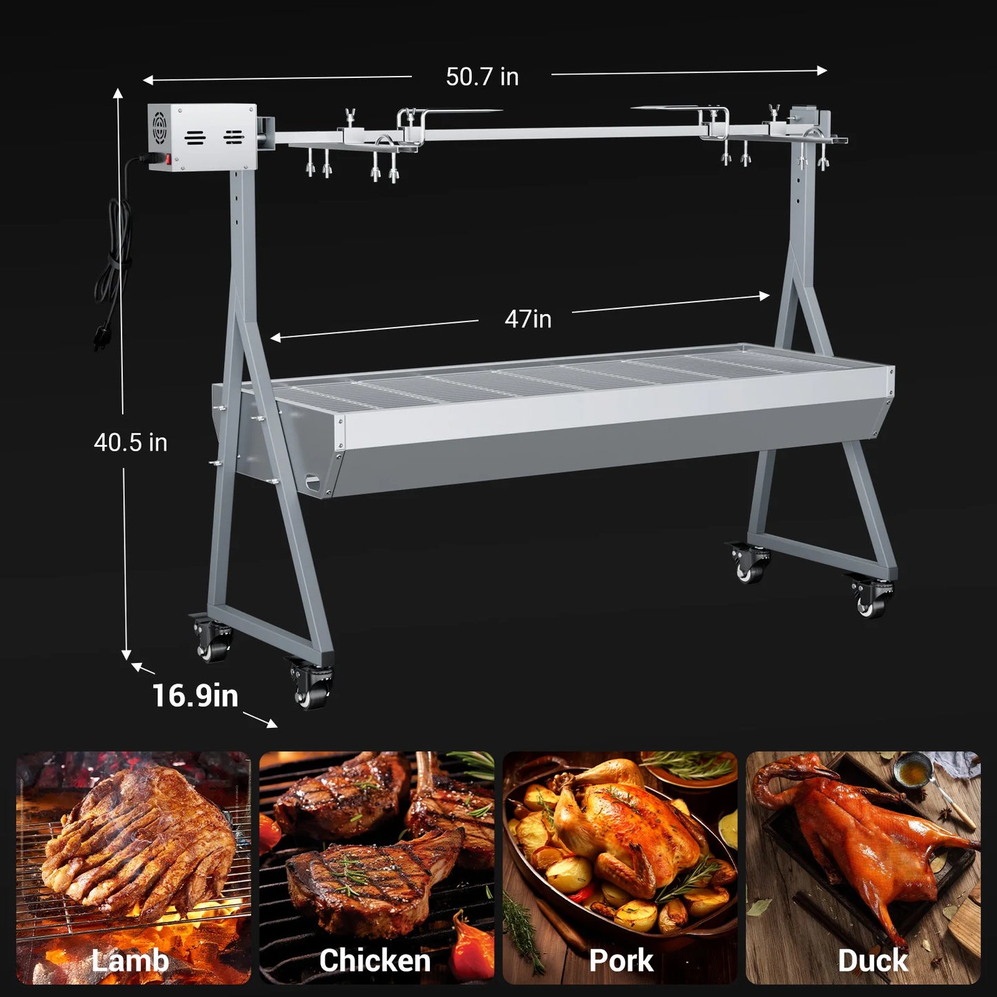 Rotisserie Grill 176LBS Capacity 25W Motor Charcoal Roaster 51''