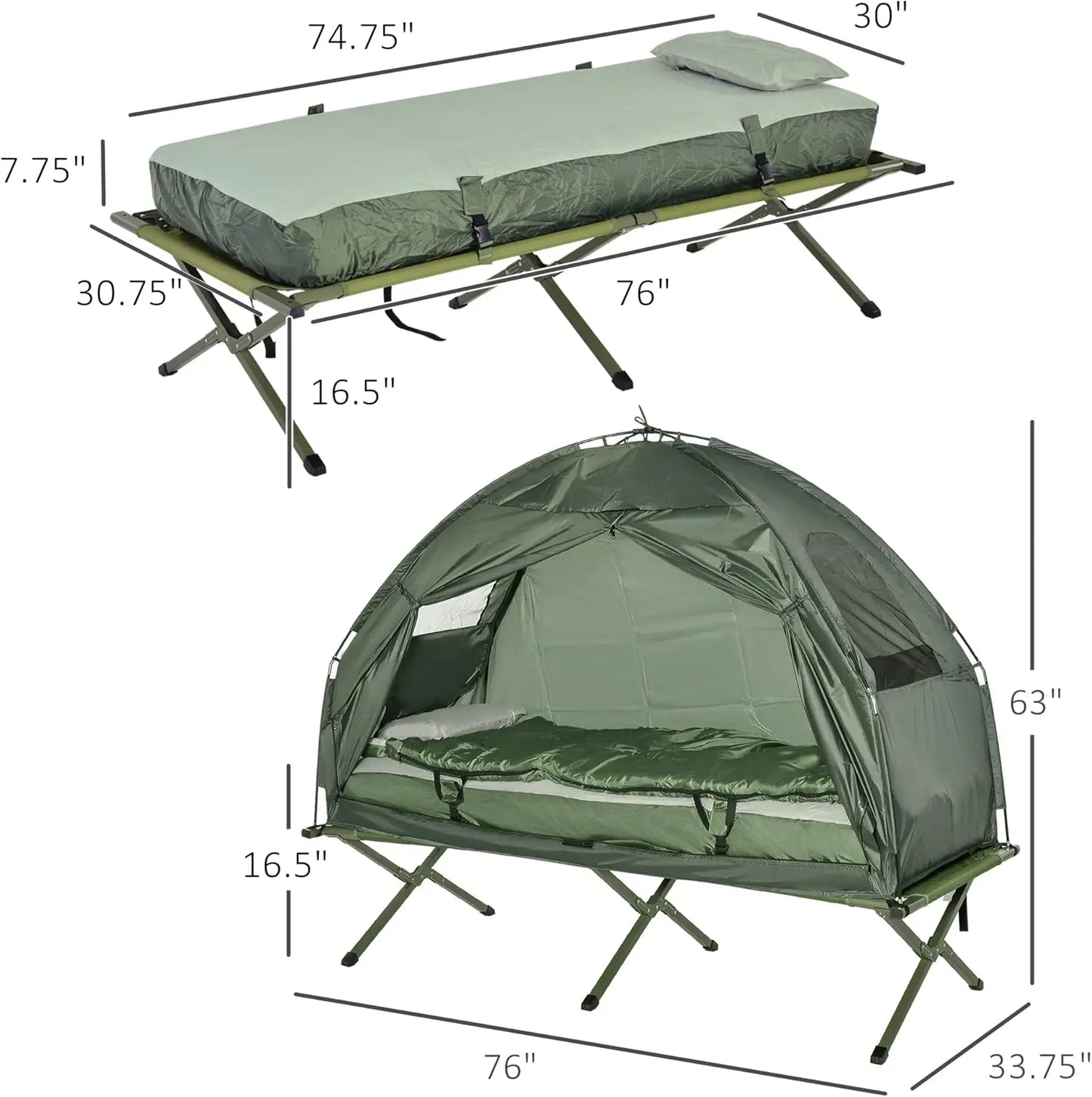 Folding Camping Cots, Elevated Tent with Sleeping Bag, Thick Air Mattress Pad.