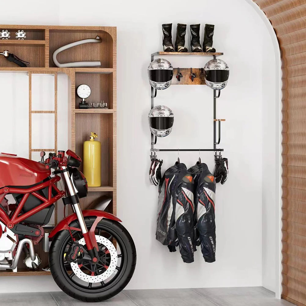 Helmet Holder, Wall-Mounted Rack With 4 Glove Clips & Hooks, Storage Organizer For Helmets Gear Clothes.