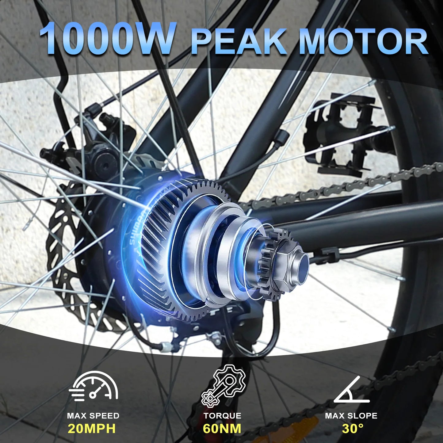 1000W Peak 48V Electric Bike for Adults, 26 inch Electric Mountain Bike 50Miles Range 20 MPH.