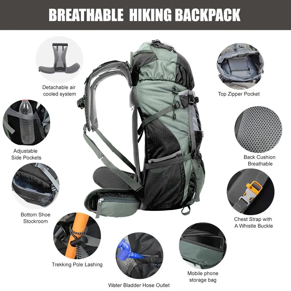 60L Outdoor Hiking Backpack with Internal Frame & Rain Cover.