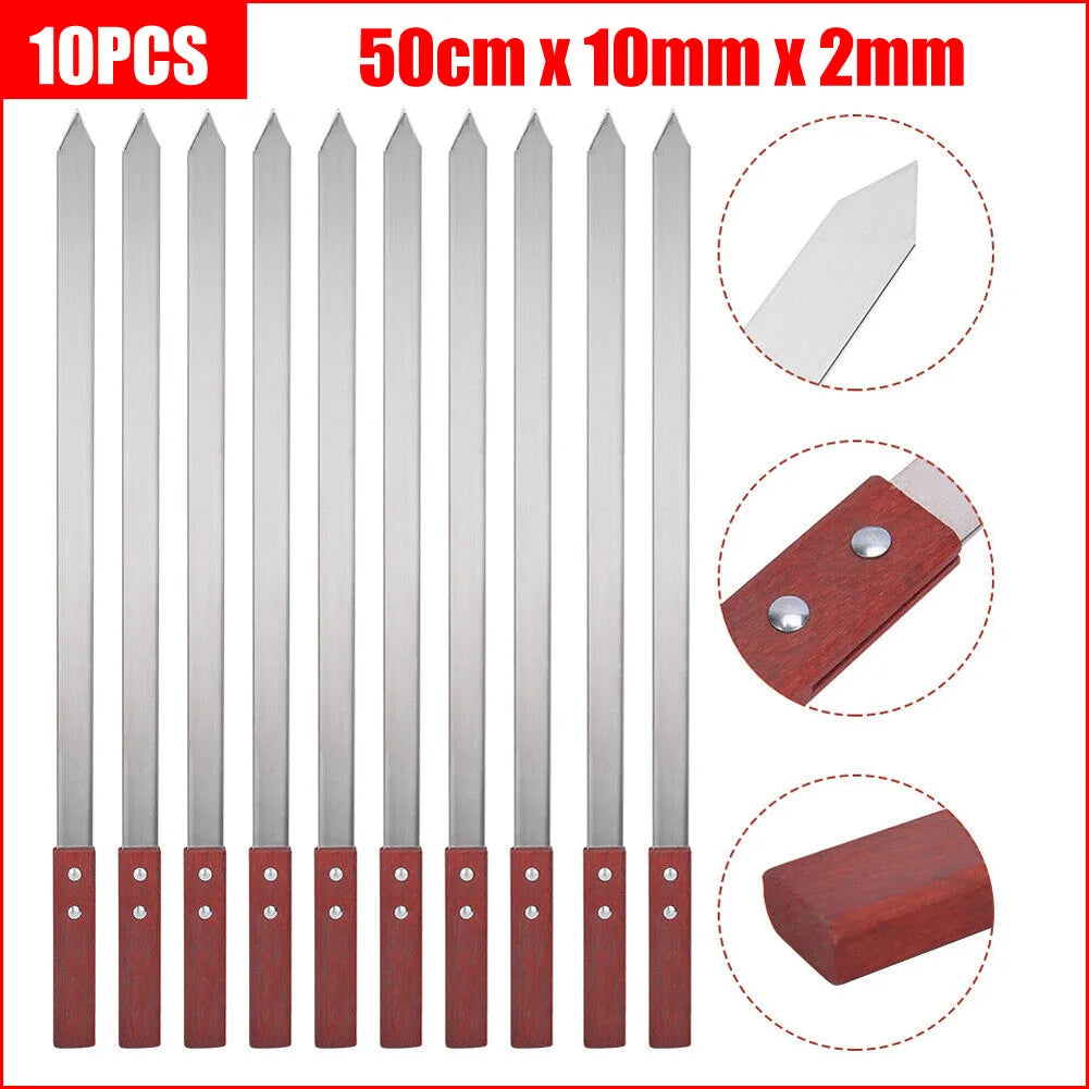 10pcs Commercial Barbecue Skewers Stainless Steel Large Wooden Handle