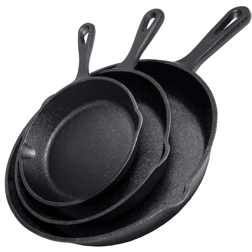 Heavy Duty Cast Iron Skillet Set 3 Piece Pre-Seasoned Cookware.
