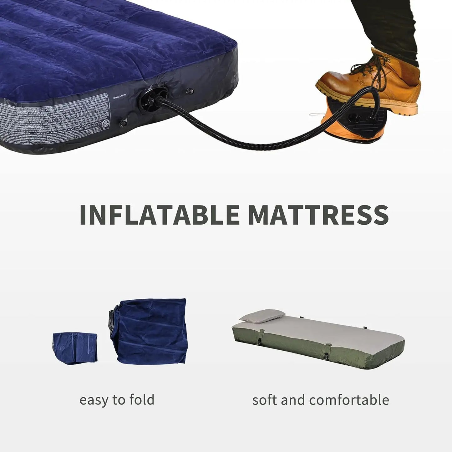 Folding Camping Cots, Elevated Tent with Sleeping Bag, Thick Air Mattress Pad.