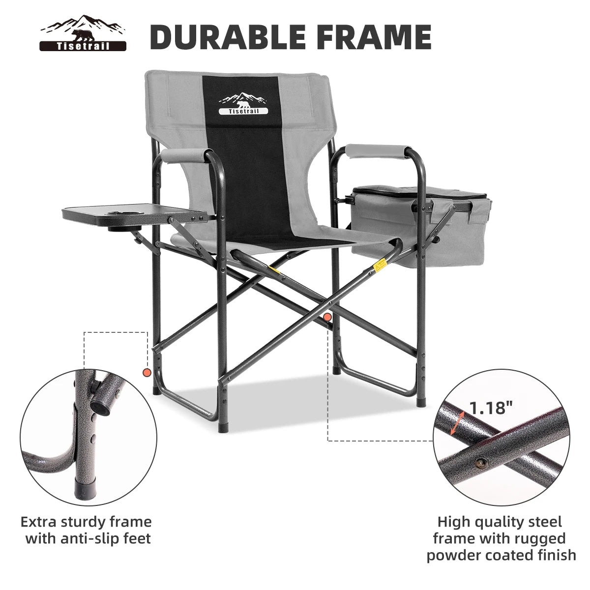 Tisetrail Director Camping Chair with Cooler Bag Camping Directors Chair with Foldable Side Tray Outdoor Lawn Chair Gray&Black