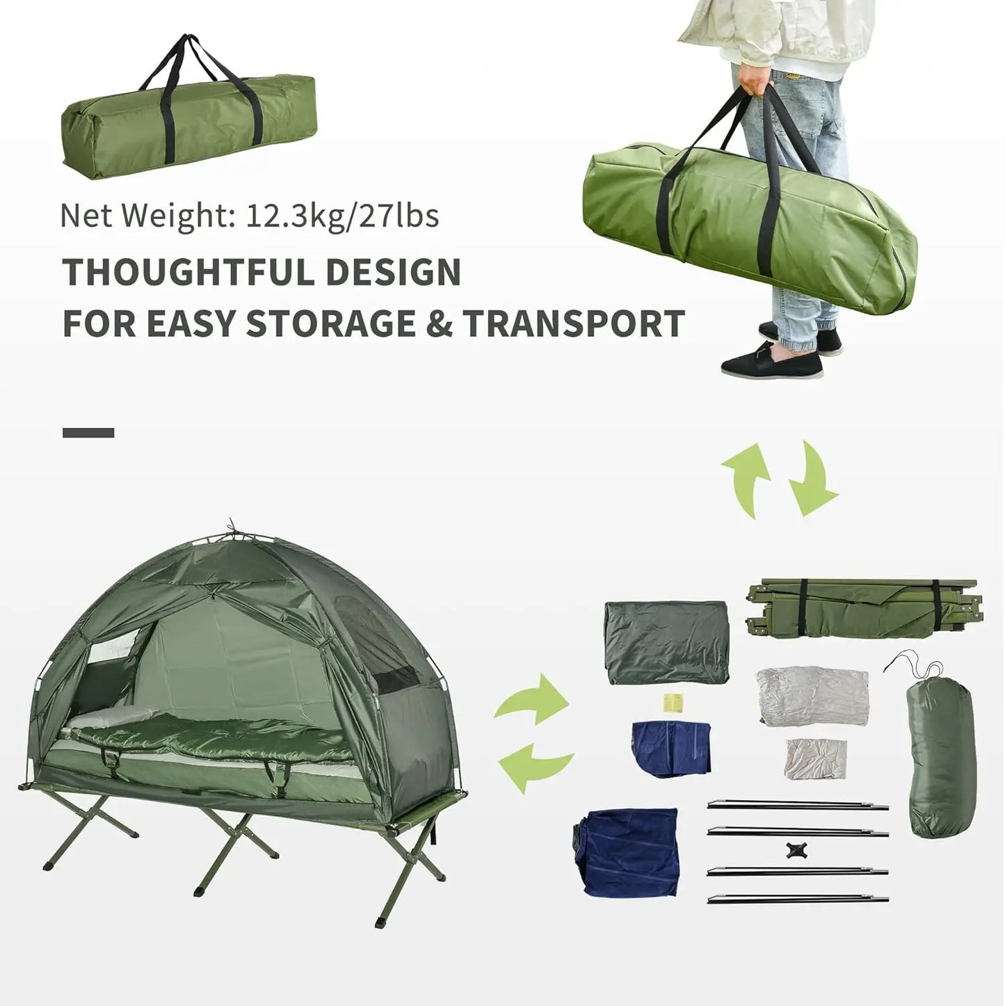 Folding Camping Cots, Elevated Tent with Sleeping Bag, Thick Air Mattress Pad.