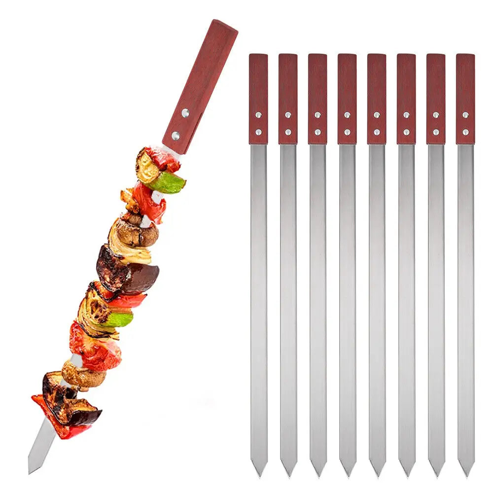 10pcs Commercial Barbecue Skewers Stainless Steel Large Wooden Handle