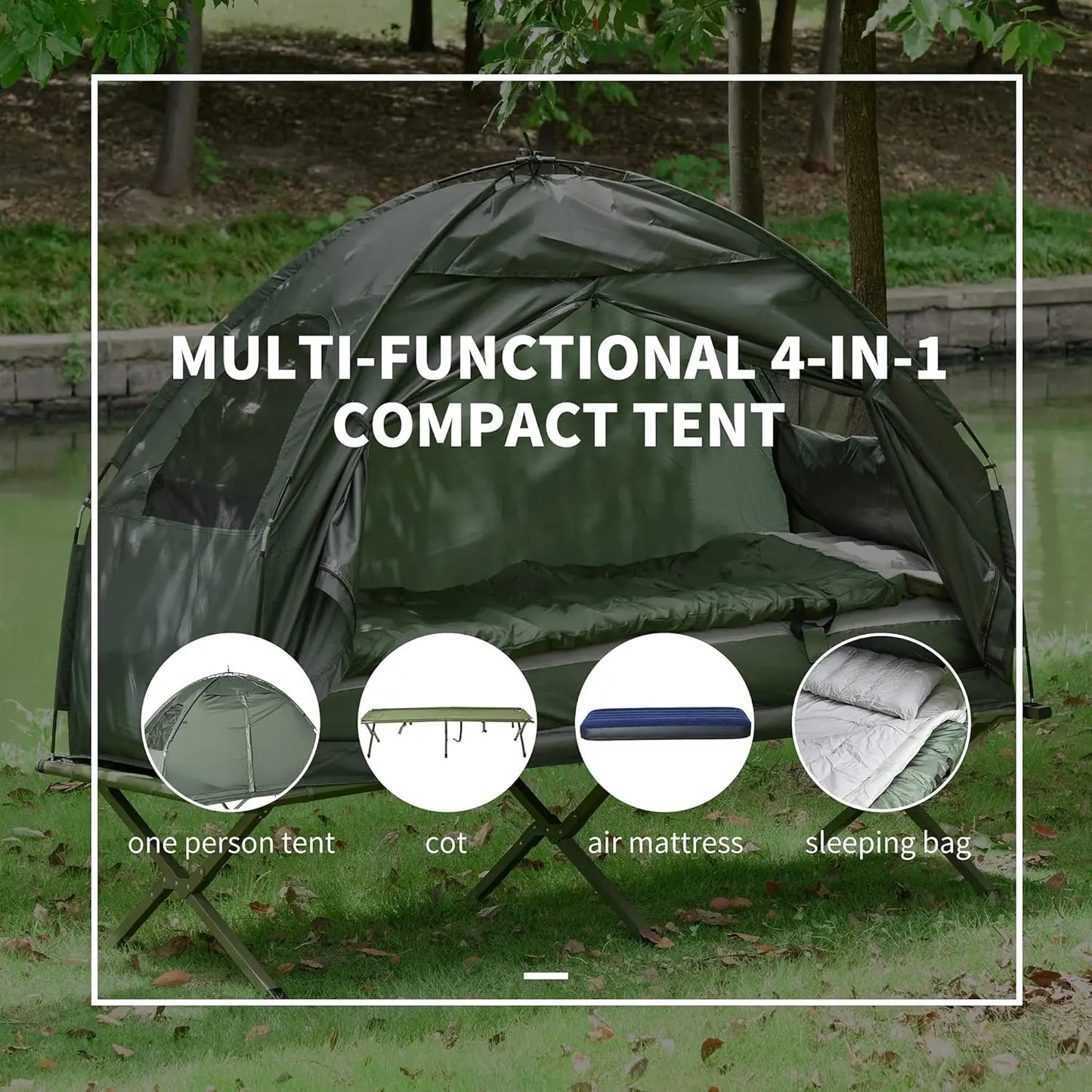 Folding Camping Cots, Elevated Tent with Sleeping Bag, Thick Air Mattress Pad.