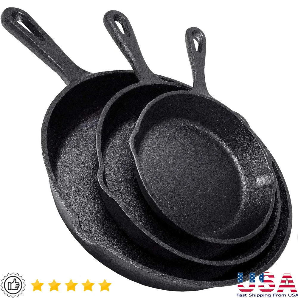 Heavy Duty Cast Iron Skillet Set 3 Piece Pre-Seasoned Cookware.