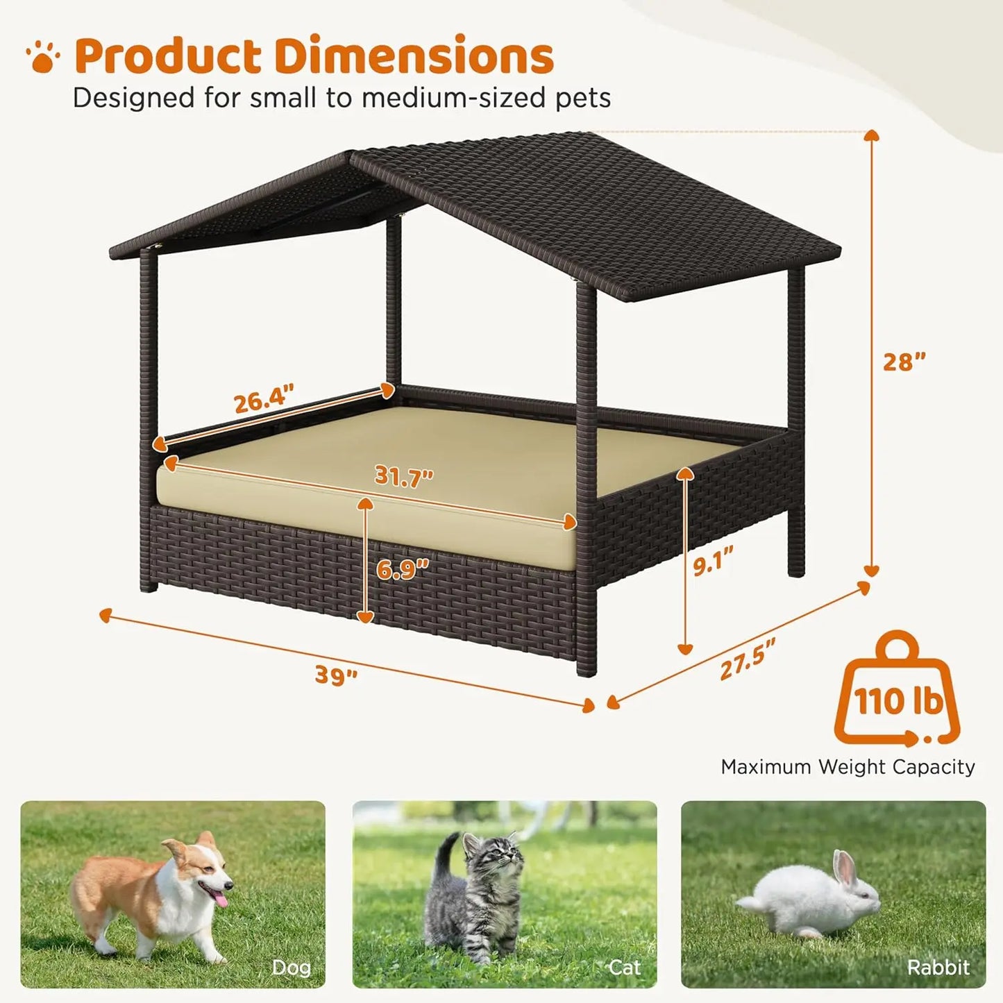 Wicker Dog House Outdoor Indoor with Canopy.