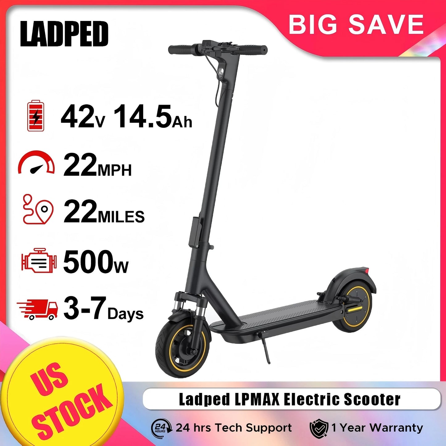 10" Solid tires Folding Electric Scooter 22MPH 500W 14.5AH 28Miles.
