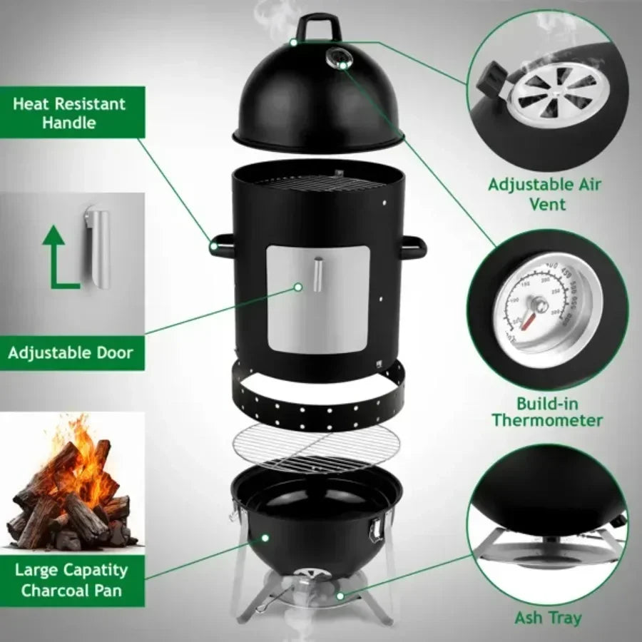 Vertical Steel Charcoal Smoker Heavy Duty Three Layer Round BBQ Grill.
