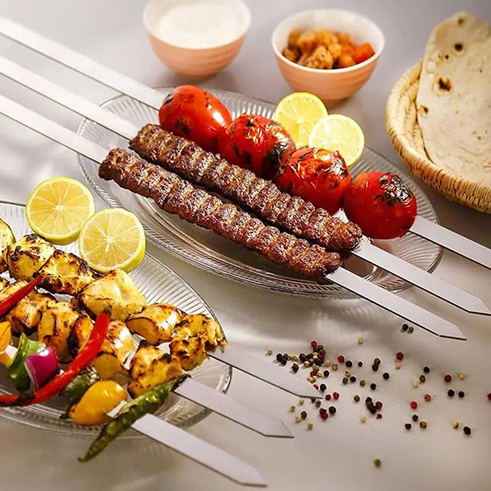 10pcs Commercial Barbecue Skewers Stainless Steel Large Wooden Handle