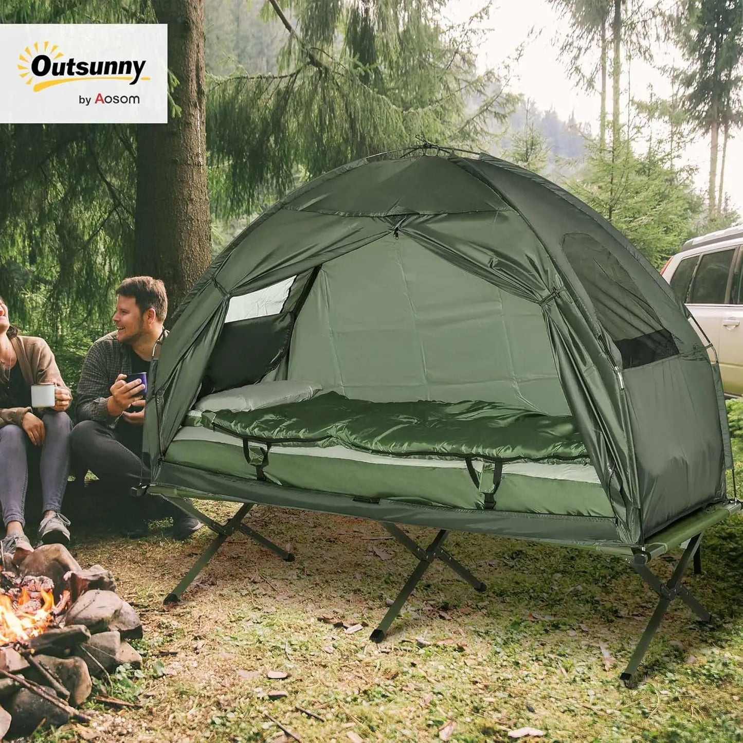 Folding Camping Cots, Elevated Tent with Sleeping Bag, Thick Air Mattress Pad.