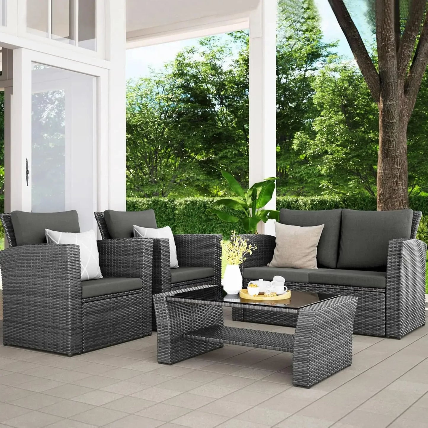 4 Piece Outdoor Patio Furniture Sets, Wicker.