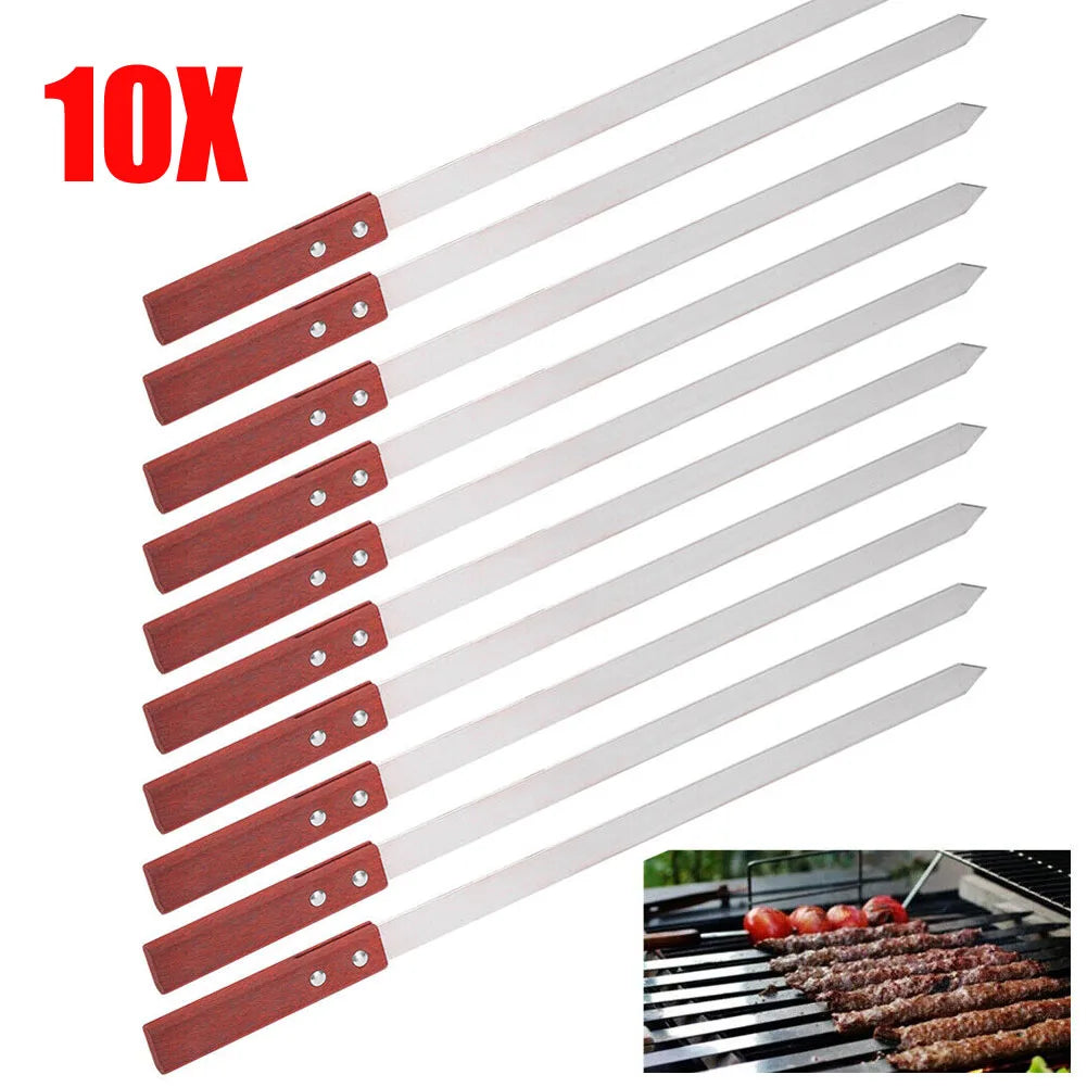 10pcs Commercial Barbecue Skewers Stainless Steel Large Wooden Handle