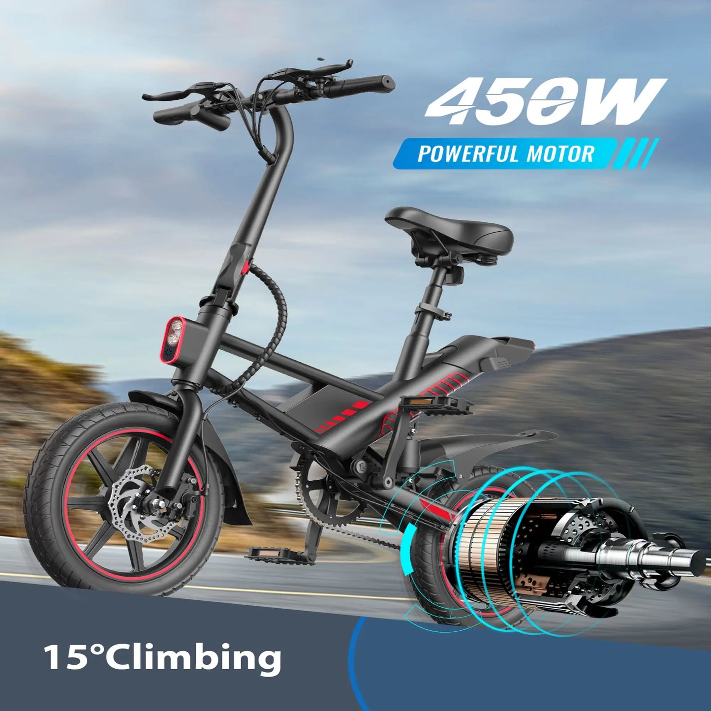 14" - 450W Electric Bike for Adults, 18.6MPH 3 Riding Modes 36V 10AH Battery.