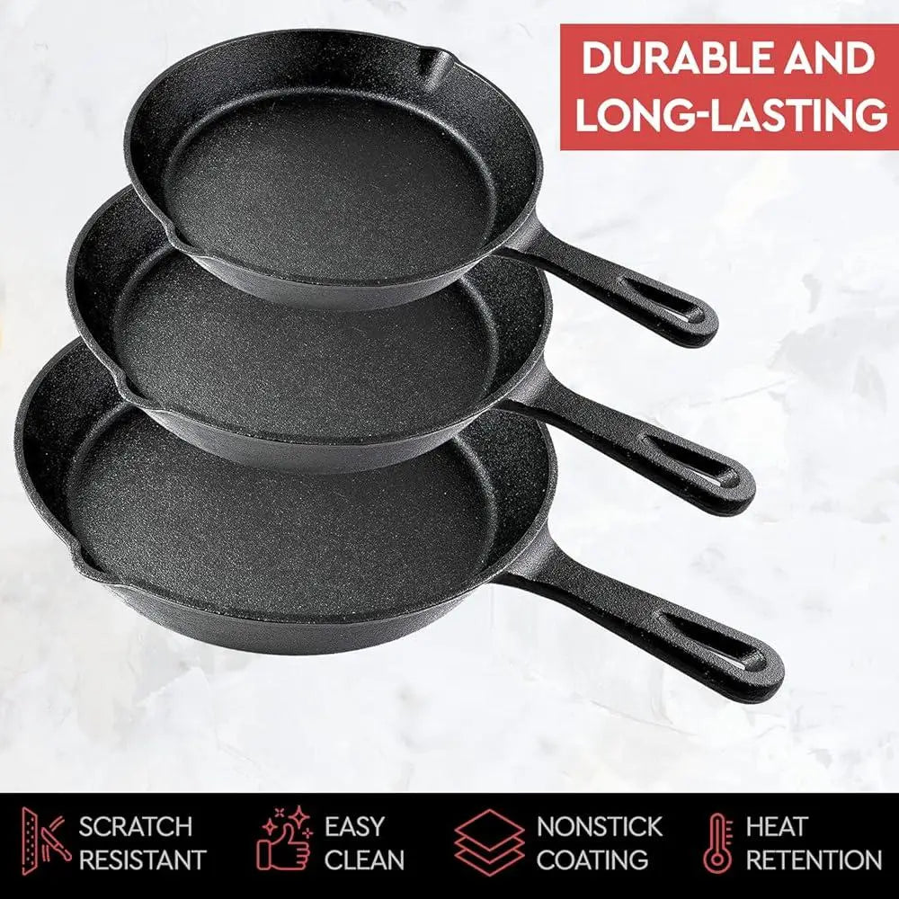 Heavy Duty Cast Iron Skillet Set 3 Piece Pre-Seasoned Cookware.