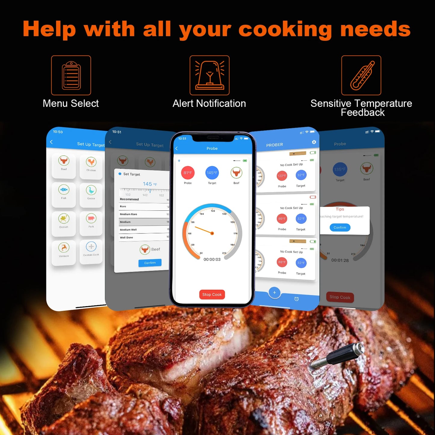 Smart Meat Thermometer Wireless Bluetooth Rechargeable.