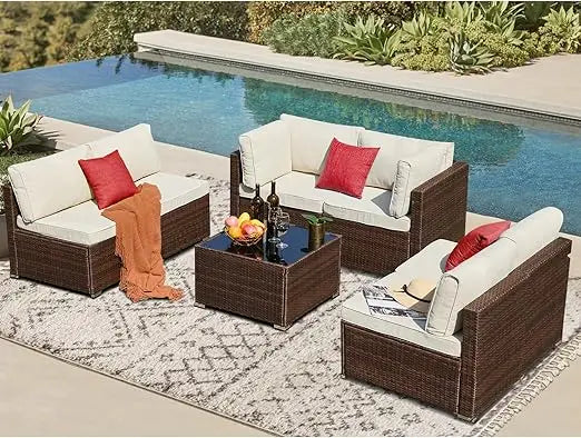 7 Pieces Outdoor Sectional Furniture Sets w/Cushions and Coffee Table.