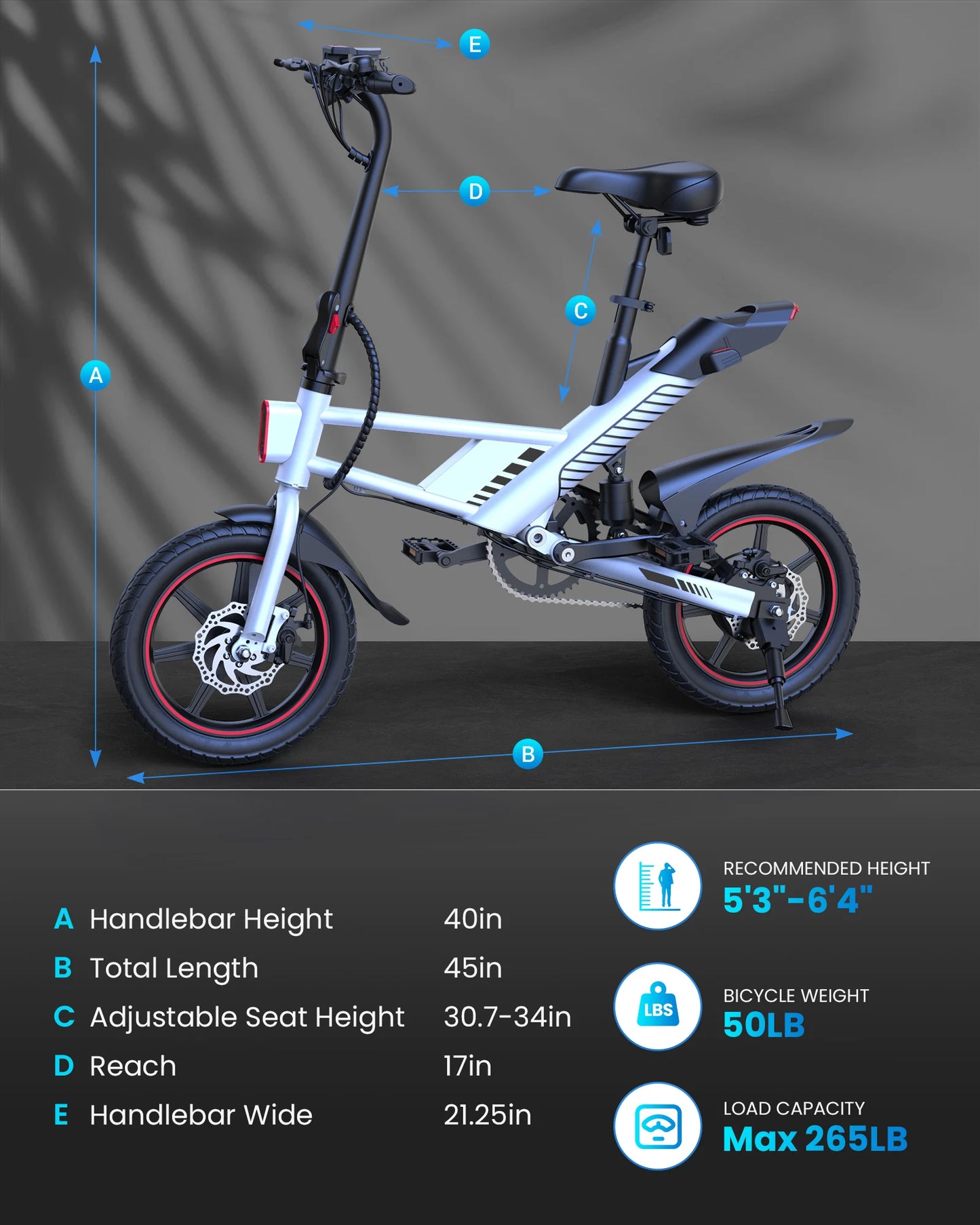14" - 450W Electric Bike for Adults, 18.6MPH 3 Riding Modes 36V 10AH Battery.