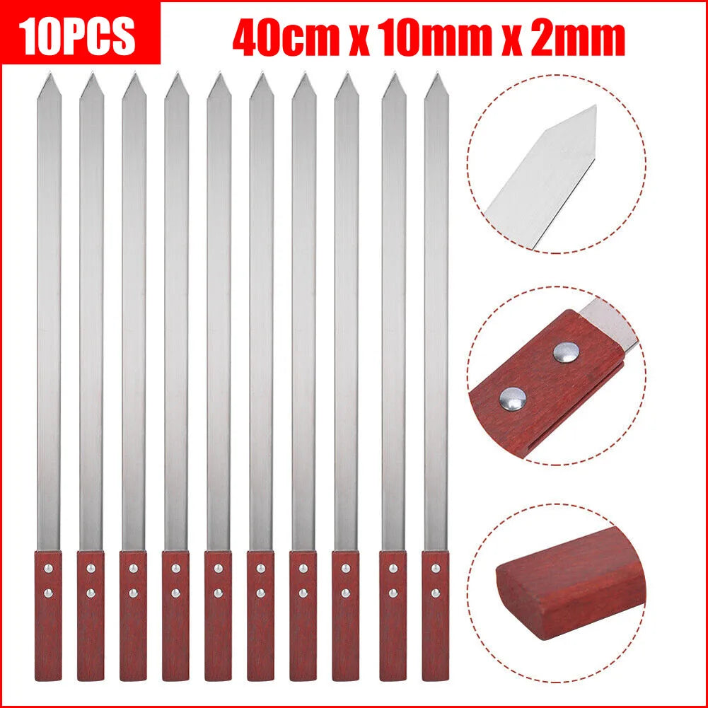10pcs Commercial Barbecue Skewers Stainless Steel Large Wooden Handle