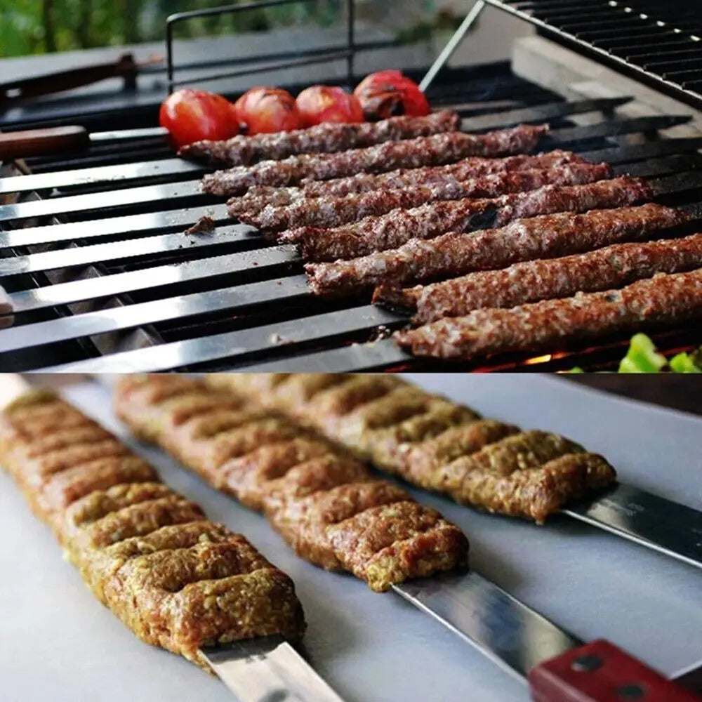 10pcs Commercial Barbecue Skewers Stainless Steel Large Wooden Handle