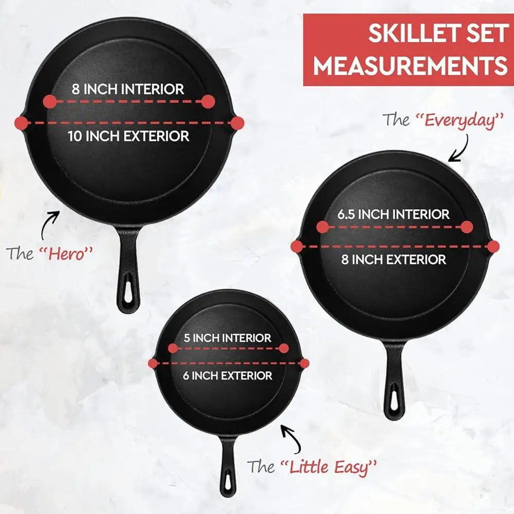 Heavy Duty Cast Iron Skillet Set 3 Piece Pre-Seasoned Cookware.