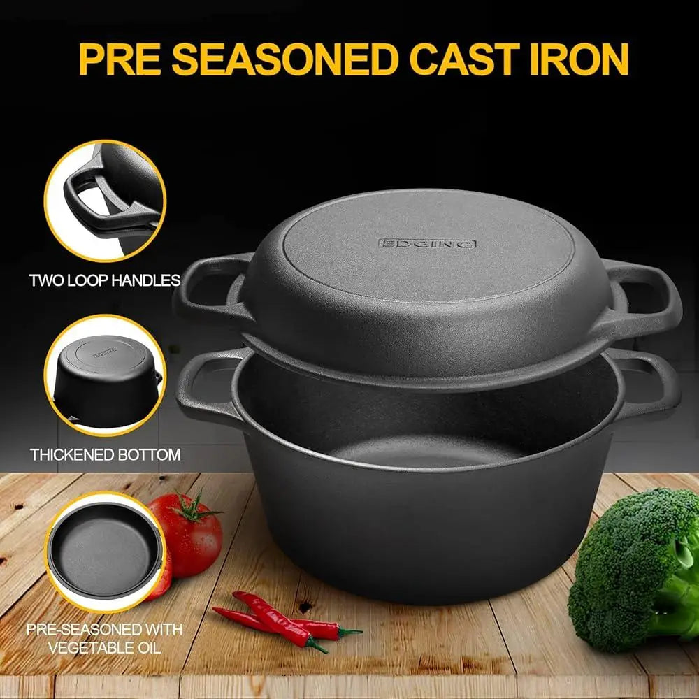 2-in-1 Pre-Seasoned Cast Iron Dutch Oven with Skillet Lid .