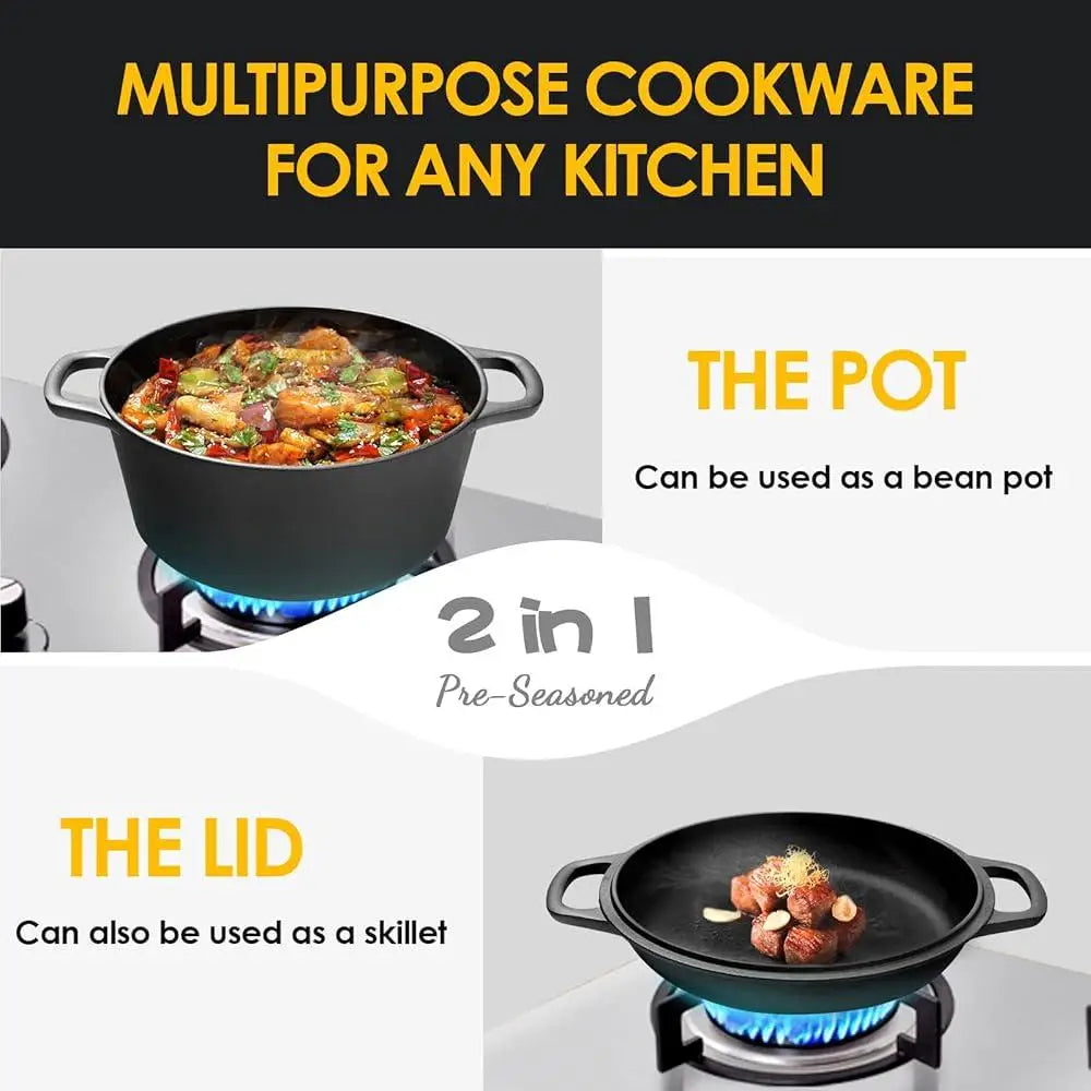 2-in-1 Pre-Seasoned Cast Iron Dutch Oven with Skillet Lid .