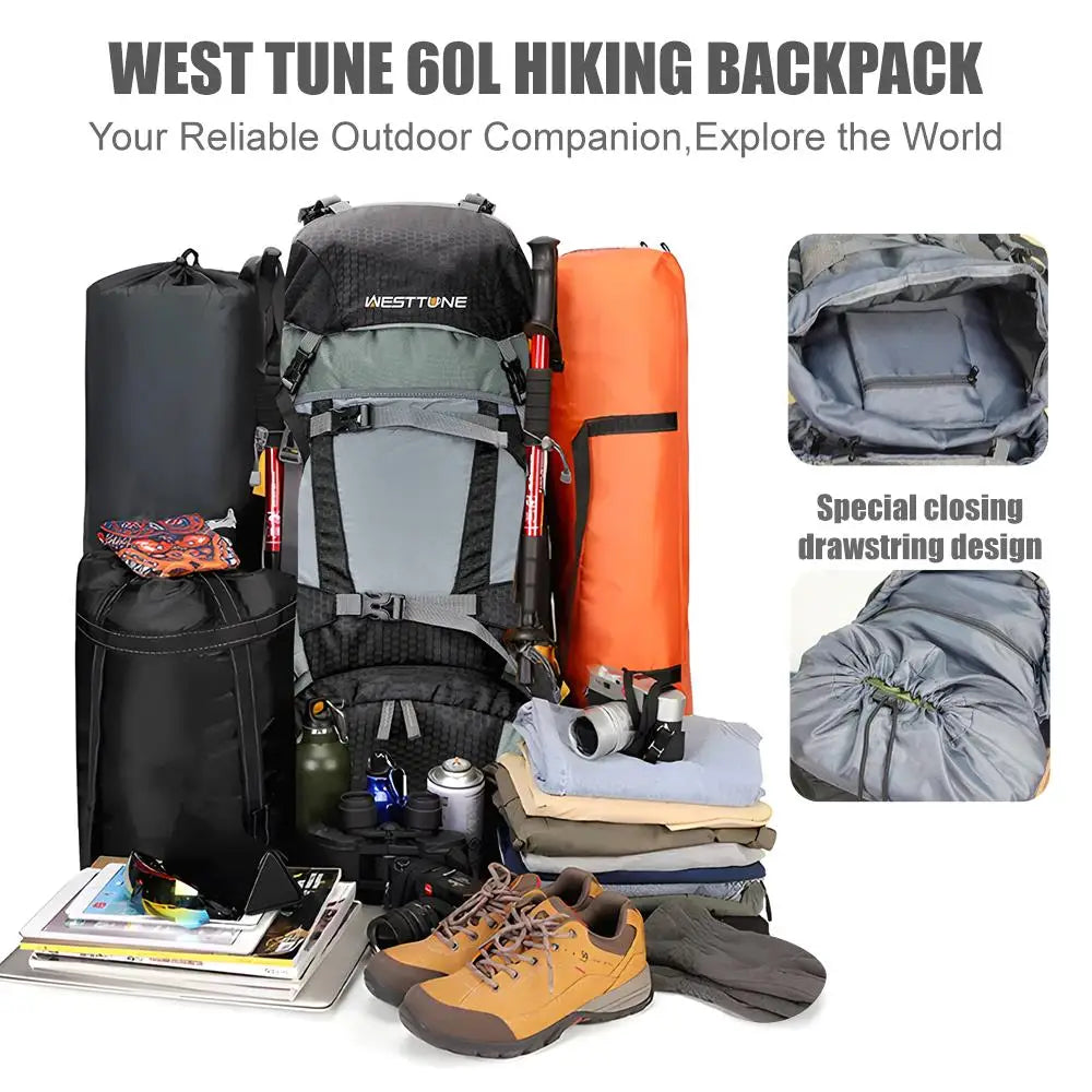 60L Outdoor Hiking Backpack with Internal Frame & Rain Cover.