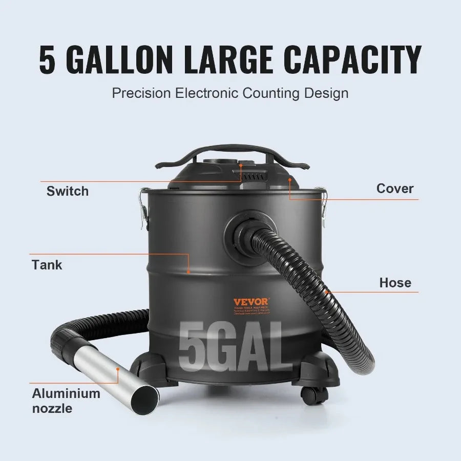 Ash Vacuum5 Gallon 1200W for Fireplaces Pellet Stoves Grills BBQ.