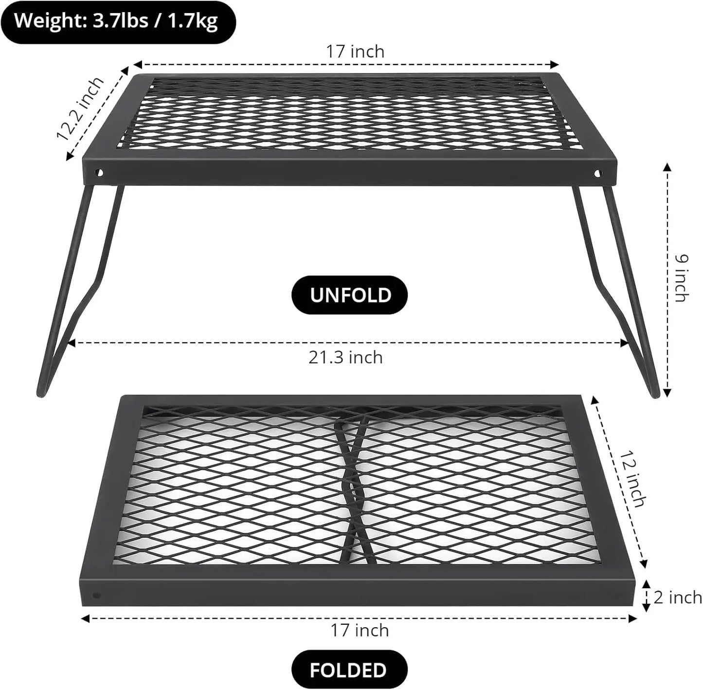 Folding Campfire Grill, Heavy Duty Steel Mesh Grate.
