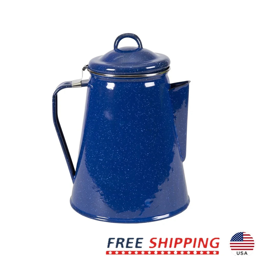 Enamel Percolator Coffee Pot 8 Cup Easy Pour Spout Includes Stem Basket.