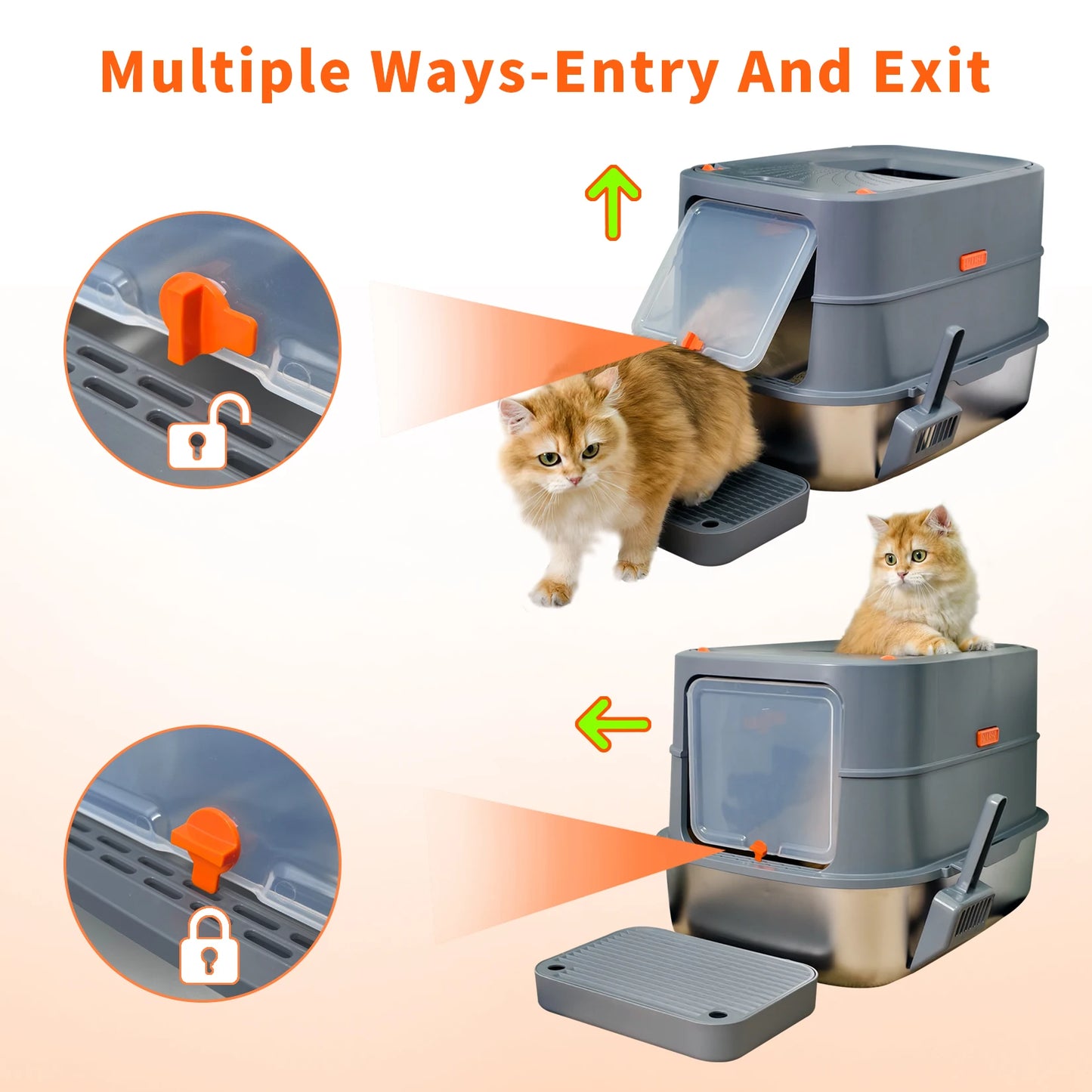 Extra Large Stainless Steel Cat Litter Box Full Enclosed Cat Litter Tray Pan.