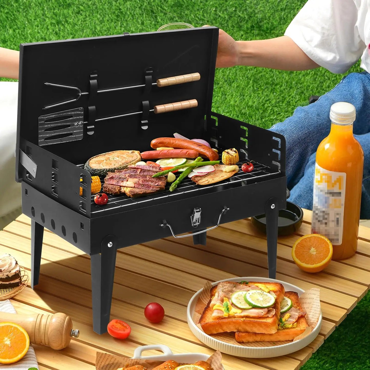Black Portable Charcoal Grill - Compact Outdoor Barbecue