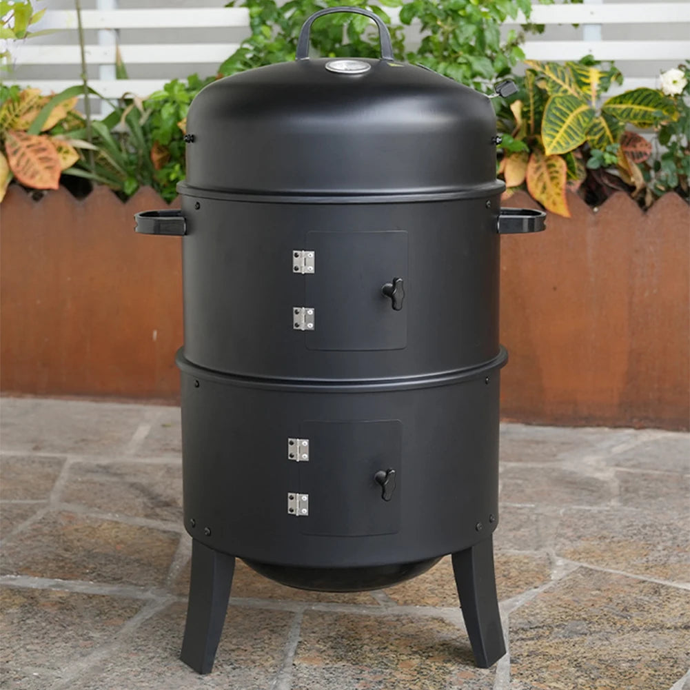 3 in 1 Vertical Charcoal BBQ Smoker Heavy Duty Round Smoking Grill.