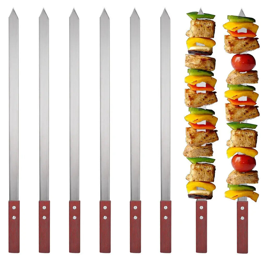 10pcs Commercial Barbecue Skewers Stainless Steel Large Wooden Handle