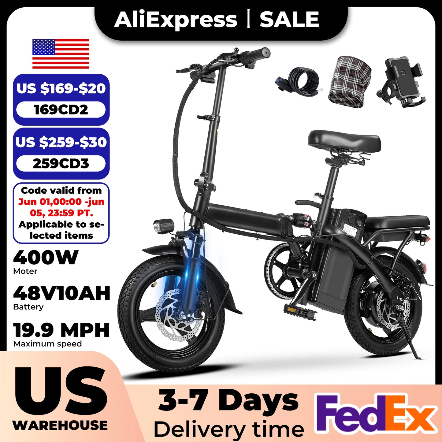 400W dual disc brake adult foldable electric bicycle with seat and basket 14 inches 48V 10.4Ah 22 mile range 20MPH.