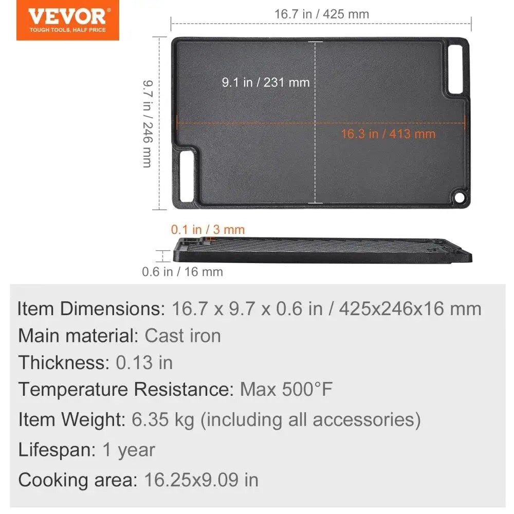 Reversible Cast Iron Griddle Pre-Seasoned.