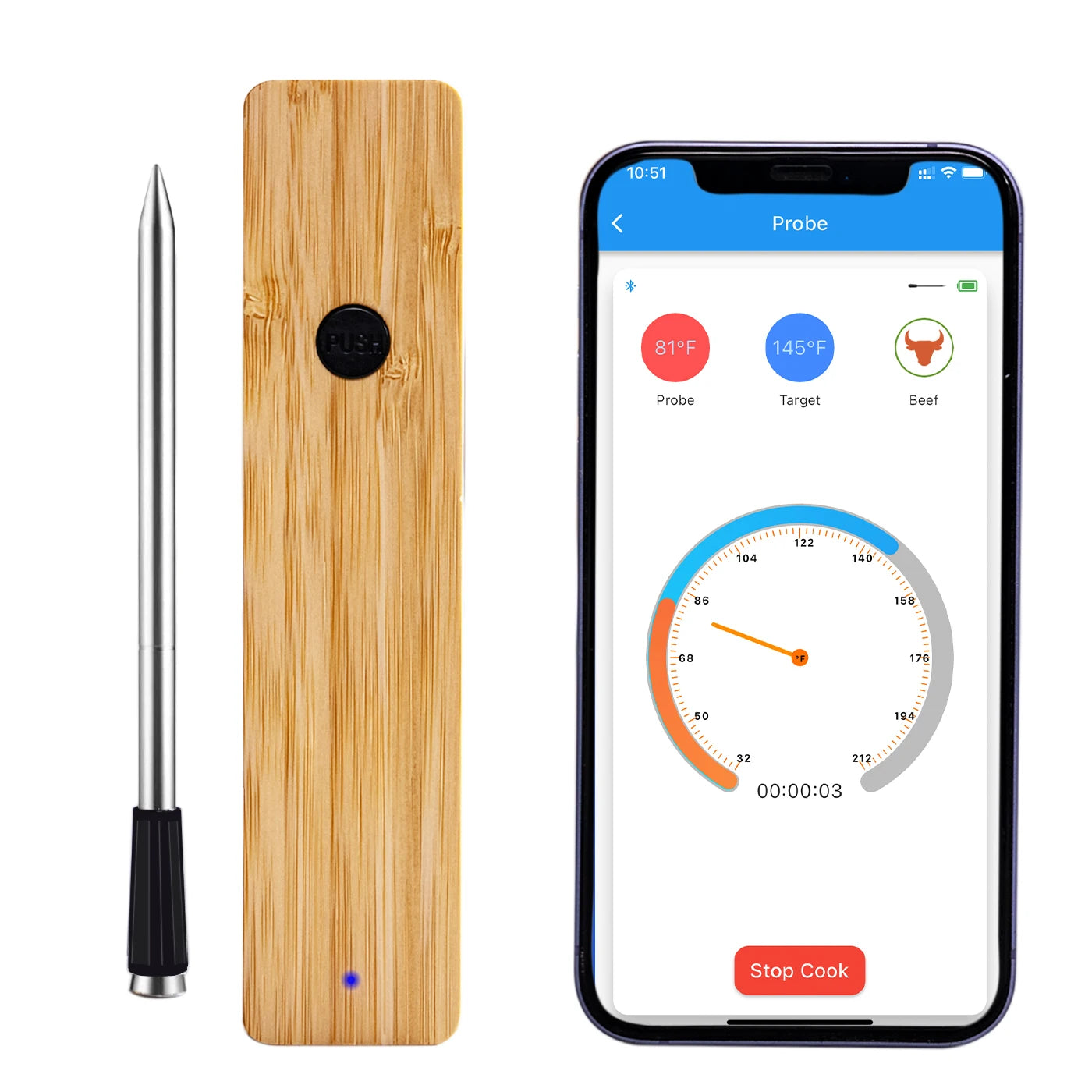 Smart Meat Thermometer Wireless Bluetooth Rechargeable.