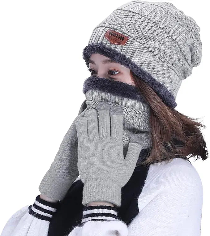 Winter Hat Scarf Gloves Slouchy Beanie Snow Knit Skull Cap for Women.