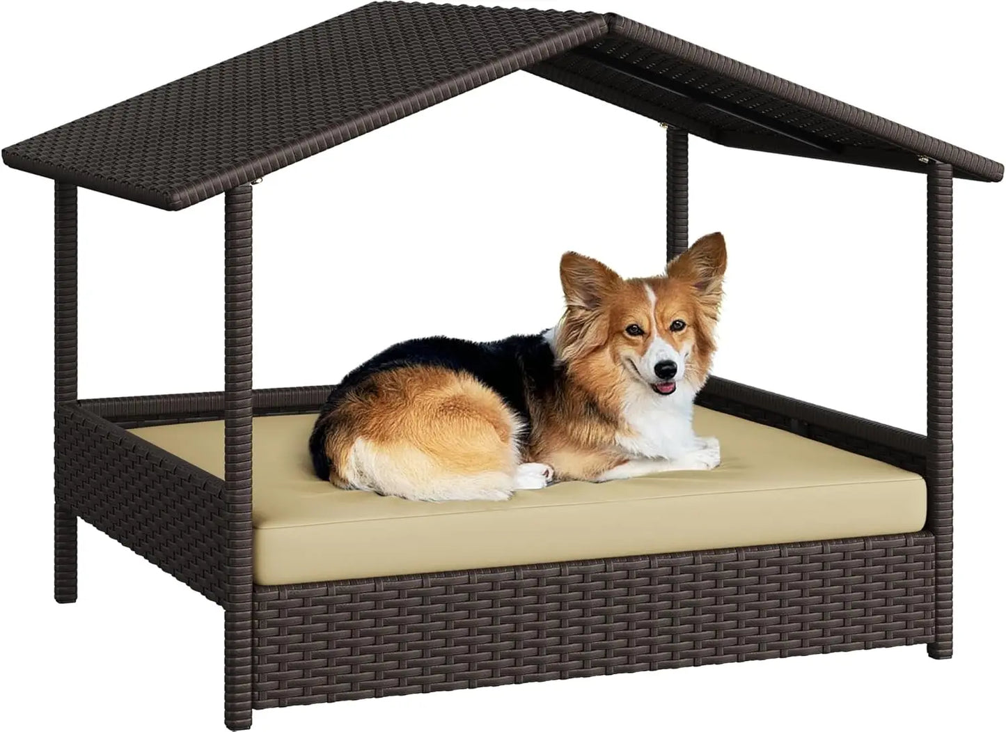 Wicker Dog House Outdoor Indoor with Canopy.