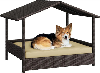 Wicker Dog House Outdoor Indoor with Canopy.