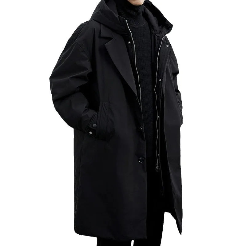 New Fake Two Pieces Long Hooded Long Trench Coat Men's.
