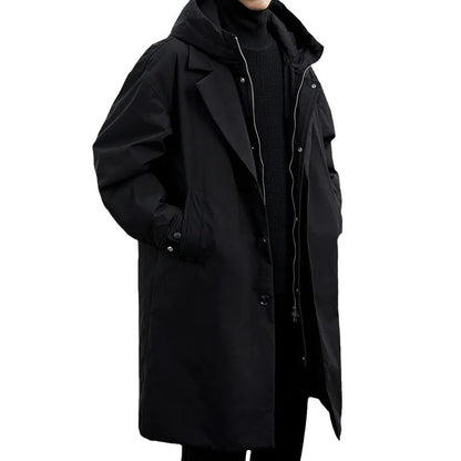 New Fake Two Pieces Long Hooded Long Trench Coat Men's.