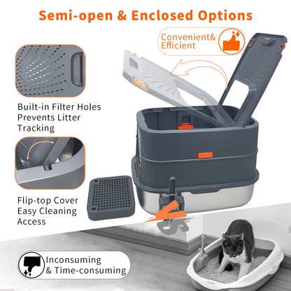 Extra Large Stainless Steel Cat Litter Box Full Enclosed Cat Litter Tray Pan.