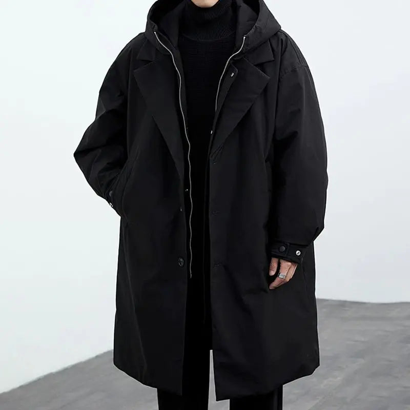 New Fake Two Pieces Long Hooded Long Trench Coat Men's.