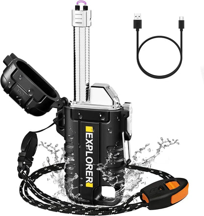 New Outdoor Camping Mountaineering Waterproof USB Double-arc Lighter Portable Lanyard with Whistle.