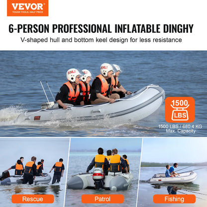 VEVOR Inflatable Dinghy Boat 6-Person Transom Sport Tender Boat Marine Wood Floor and Adjustable Aluminum Bench Oars Air Pump